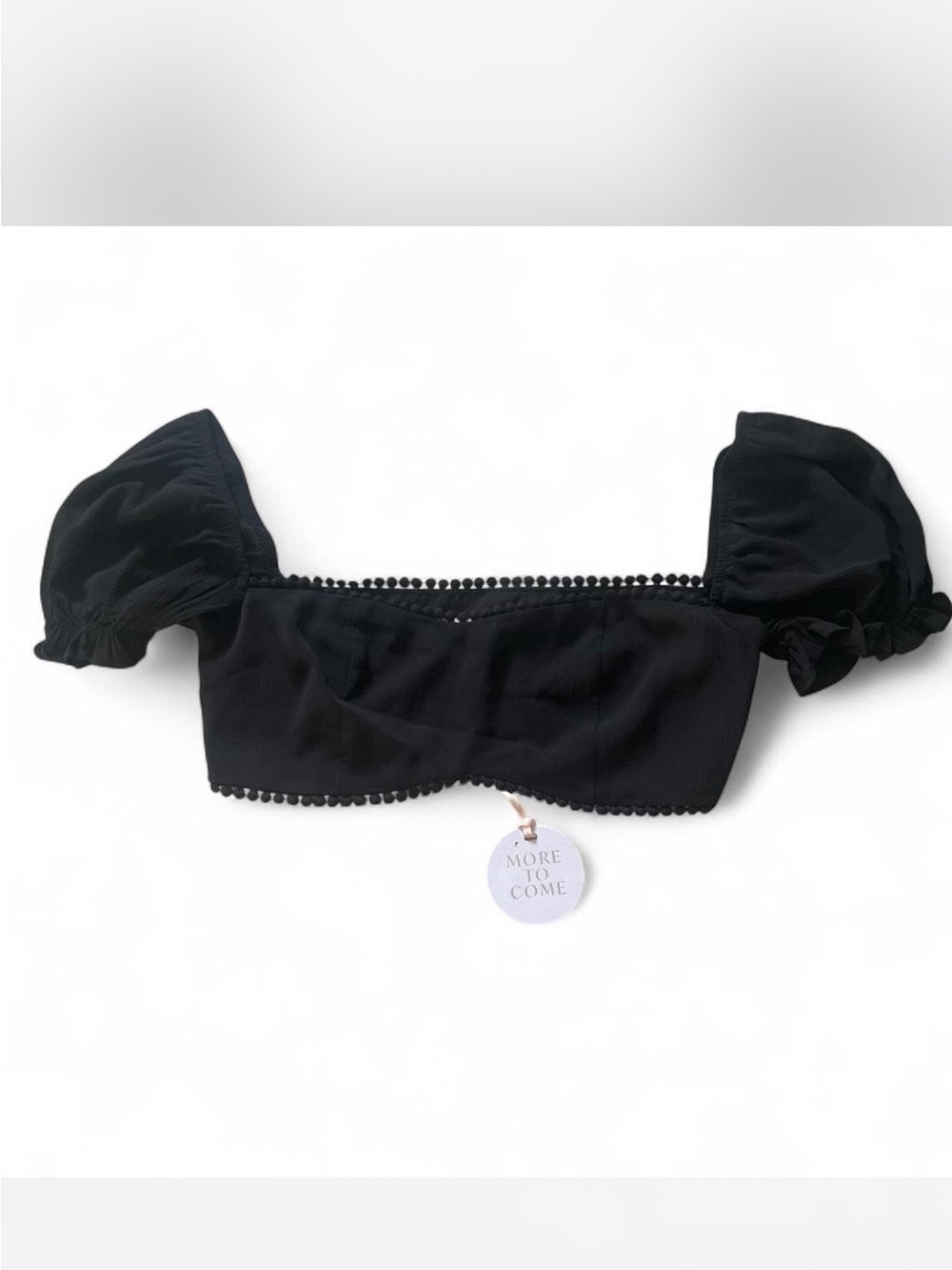 Black Puff-Sleeve Crop Top with Pom-Trim